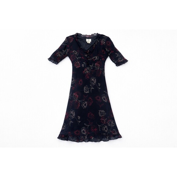 ICE 100% Silk Black Floral Maxi Dress | Sheer Sleeve | Ruffle Hem | 8 - Picture 2 of 6